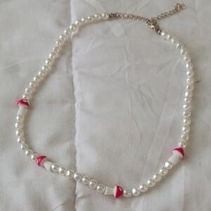 Pearl Necklace with Red Mushroom Beads